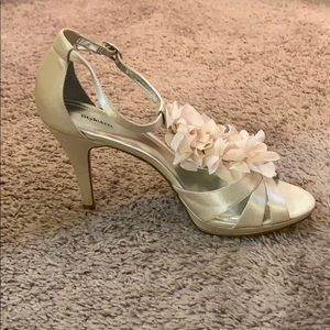 Champagne, T-strap, satin heels w sheer flowers